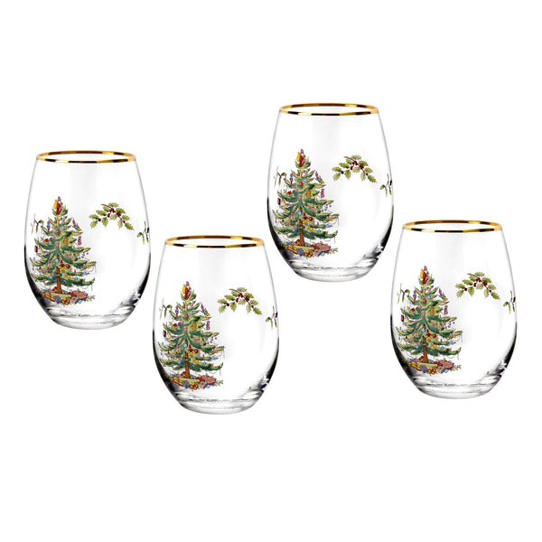 Christmas Tree Stemless Wine Glasses Set of 4